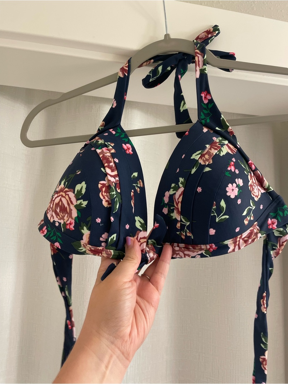 Unique Vintage Navy Floral Halter Bikini Top with Pink and Green Accents